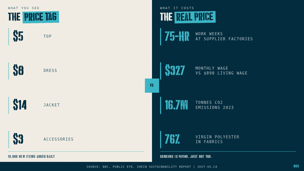 Infographic showing Shein's $5 price tag against the real cost: 75-hour work weeks, $327/month wages, 16.7M tons CO2, and 76% virgin polyester